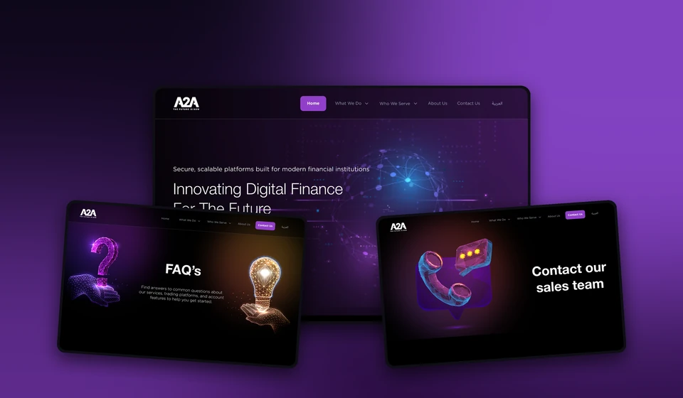 Access to Arabia website: home page in the middle with the FAQ and contact pages beside it