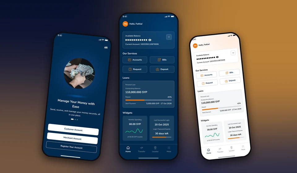 Bank of Jordan Syria app: the home screen in dark mode on the left side, the onboarding and the light-mode home beside it, over a deep blue gradient