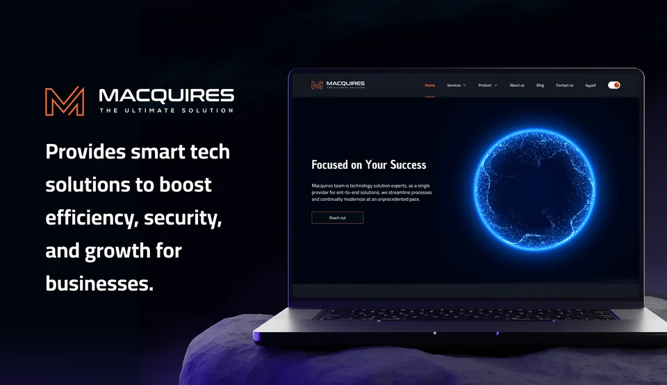 Macquires website hero shown on a laptop, with the company logo and the headline about smart tech solutions