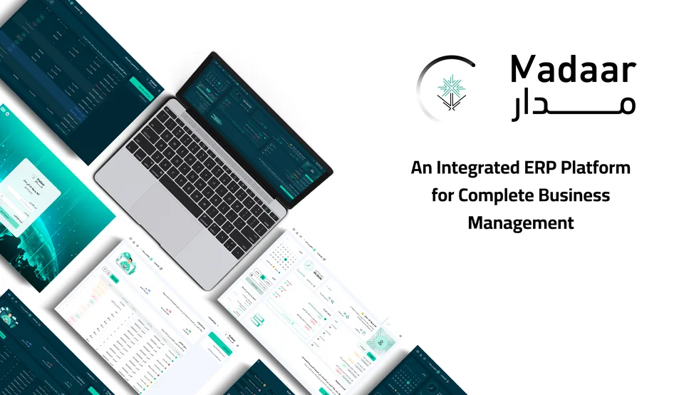 Madaar ERP platform hero with the bilingual logo and dashboard screens on a laptop