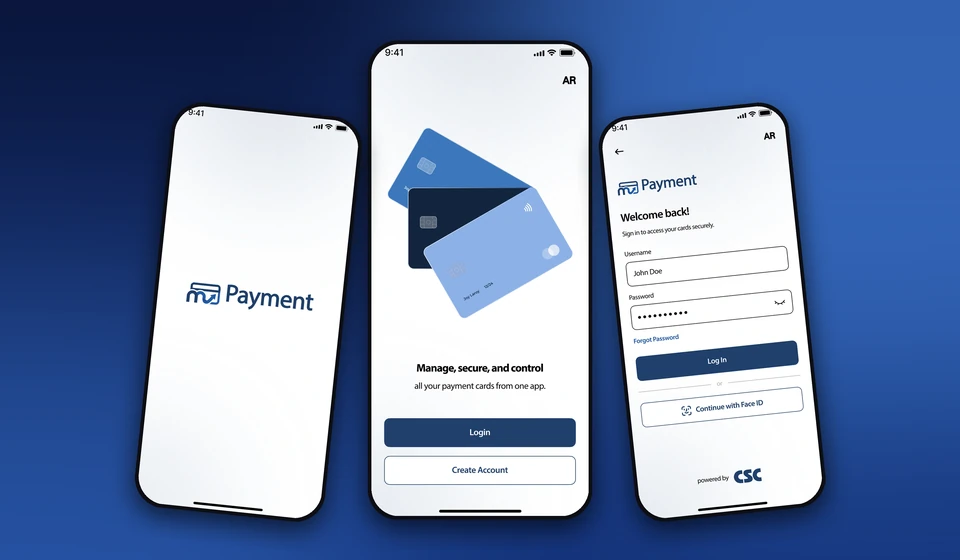 M-Payment app: the get-started screen in the middle, with the splash and the login screens on either side, over a blue gradient
