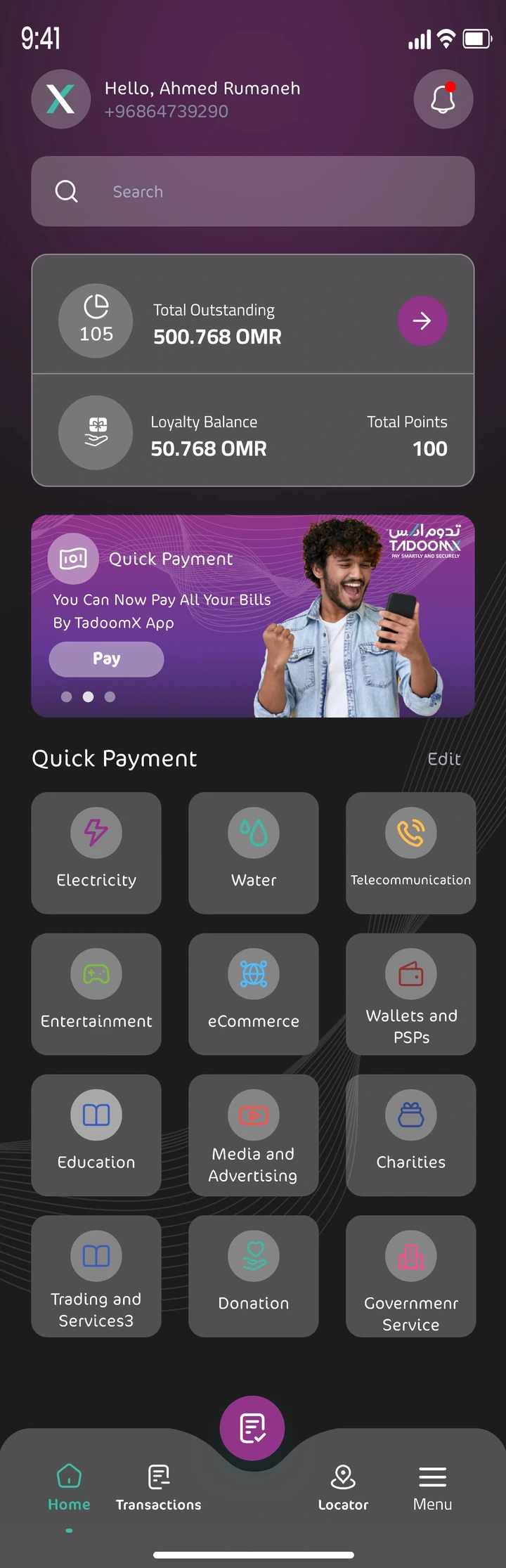 Home and quick payment, dark mode