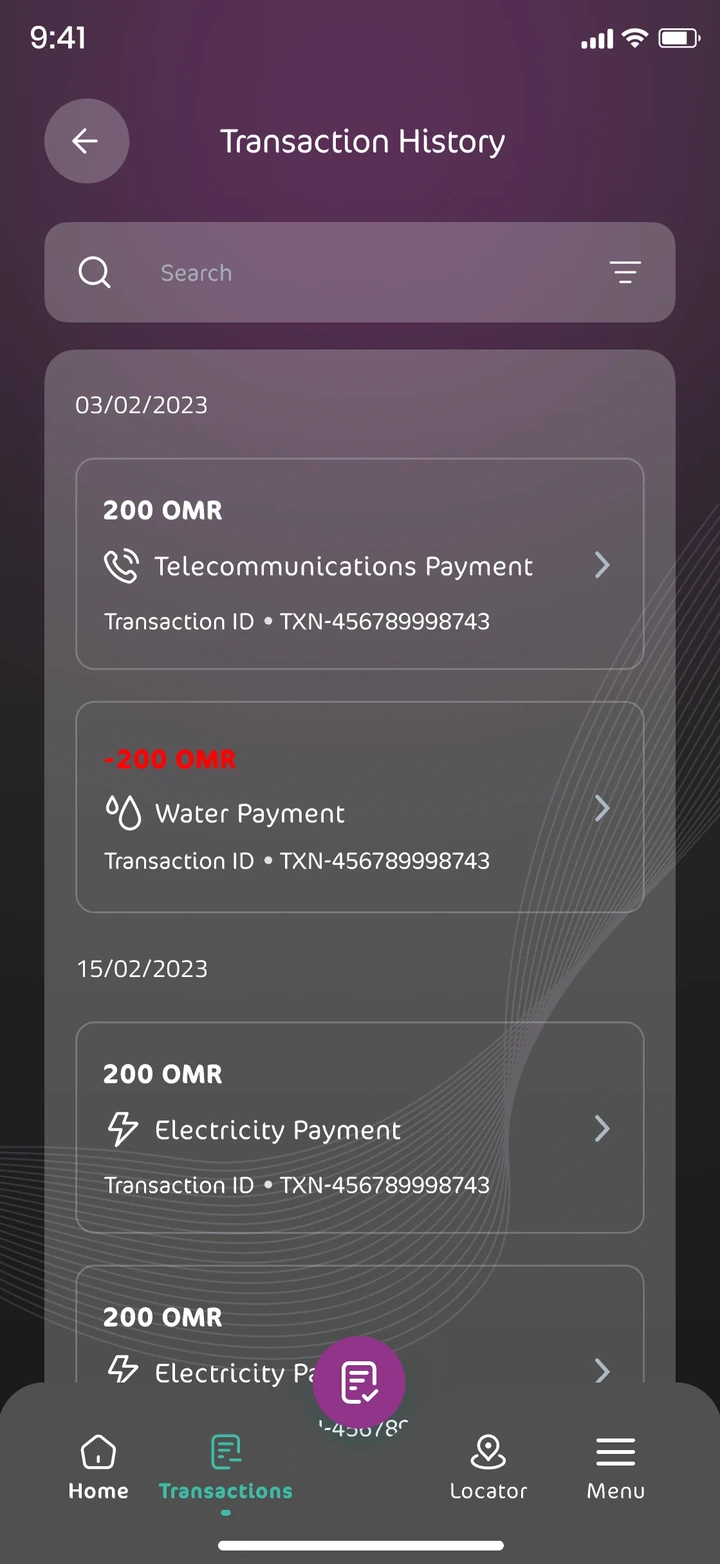 Transaction history, dark mode