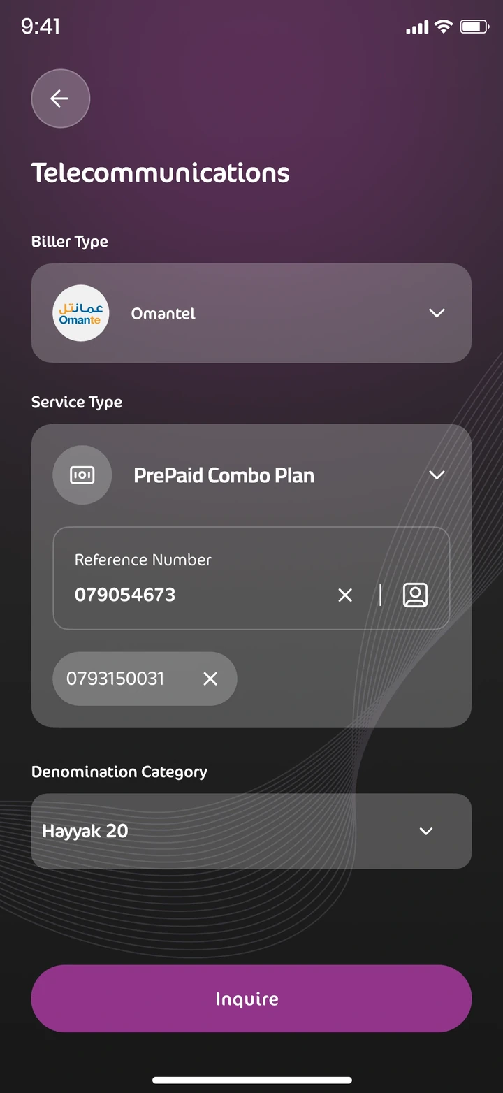 Telecom bill payment, dark mode