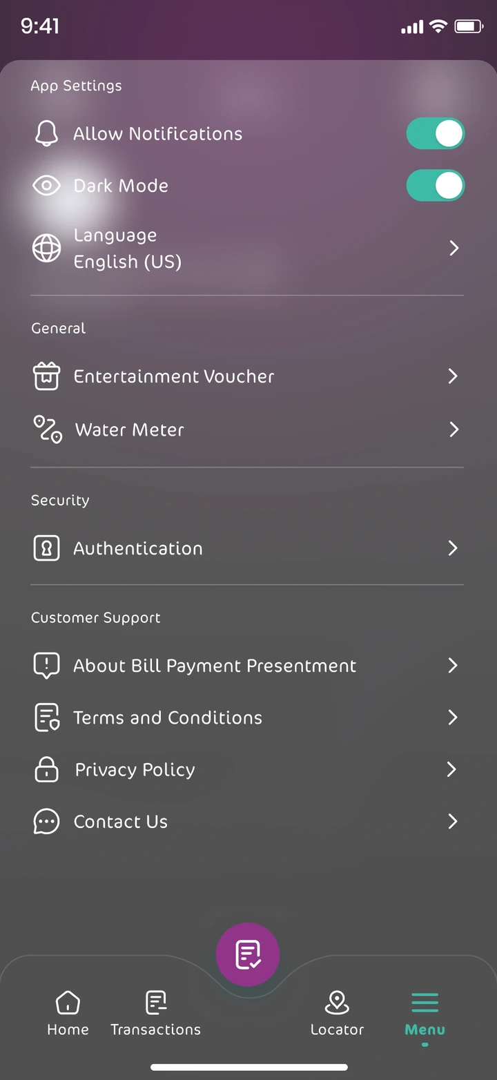 Menu and settings, dark mode