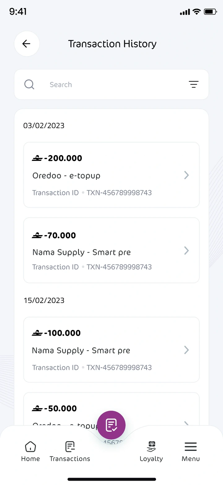Transaction history, light mode