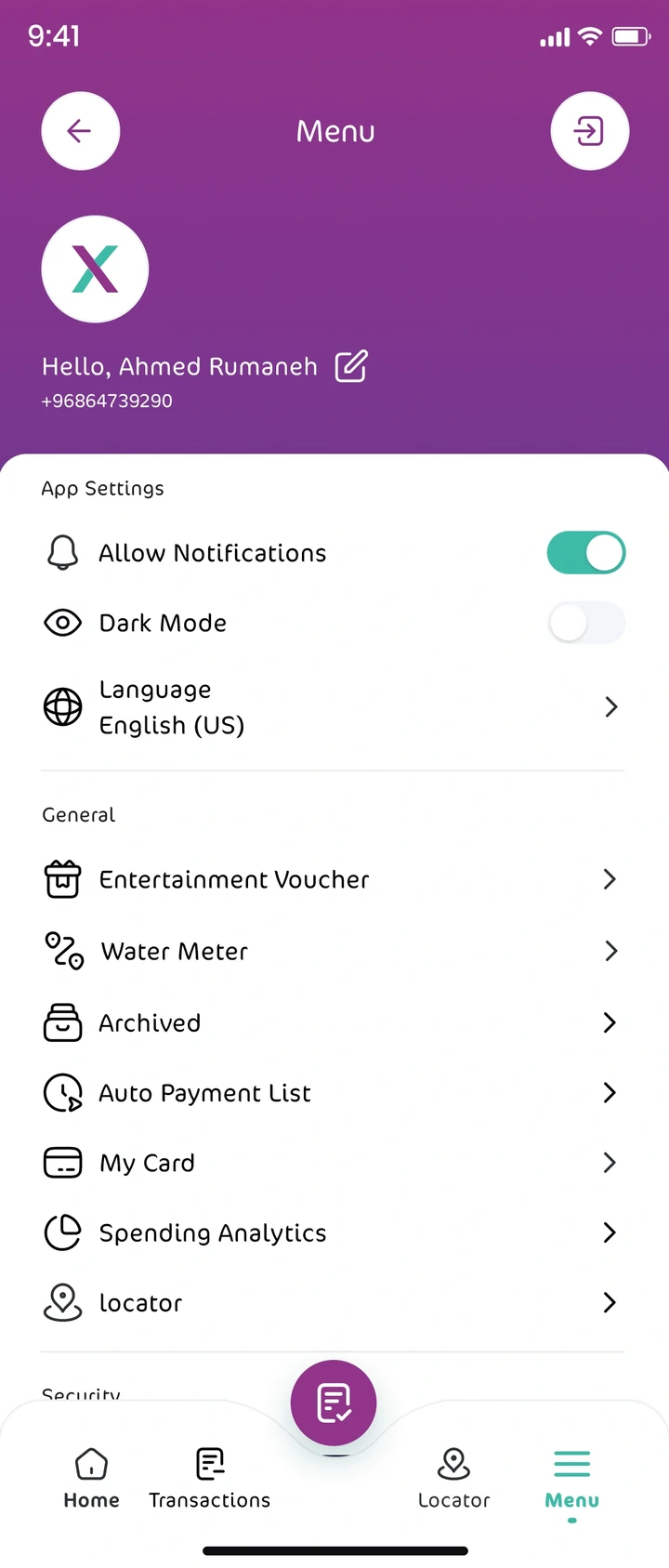 Menu and settings, light mode
