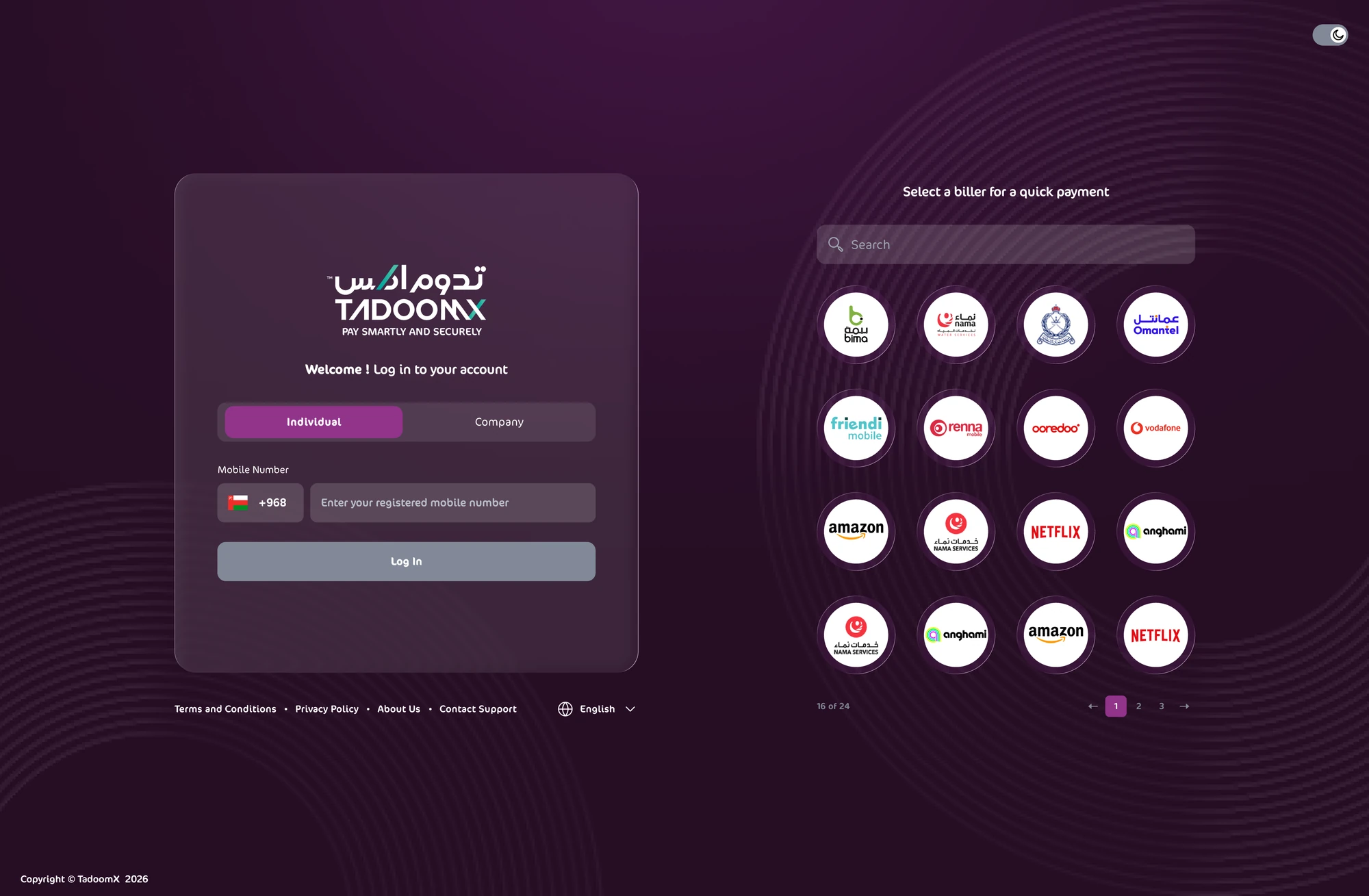Login and biller picker, dark mode