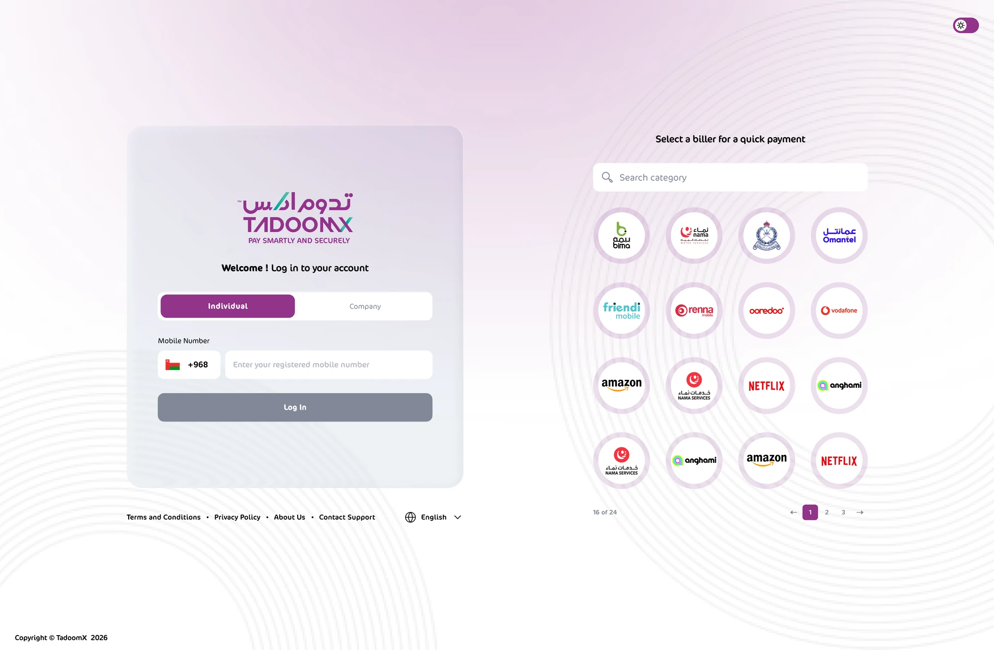Login and biller picker, light mode