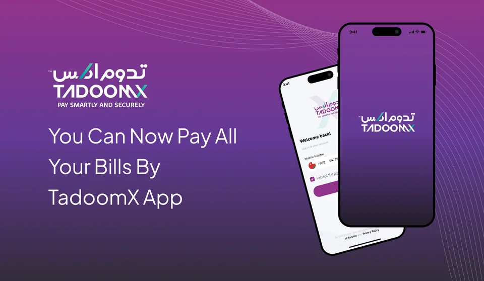 TadoomX hero: the app on two phones over a purple gradient, with the headline about paying all your bills
